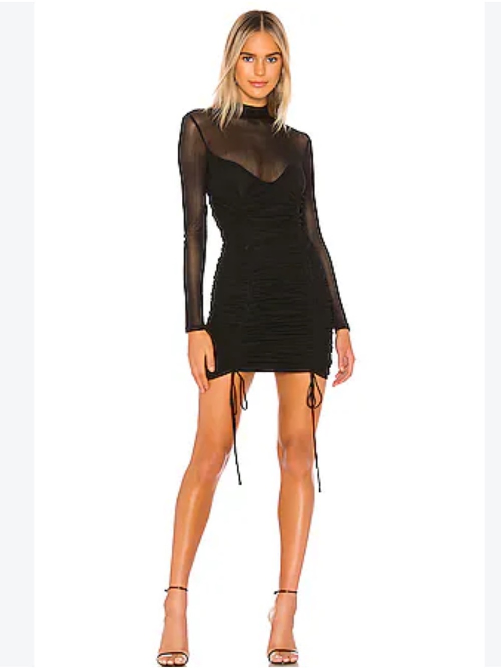 NBD Black Long-Sleeve Ruched Mesh Bodycon Dress